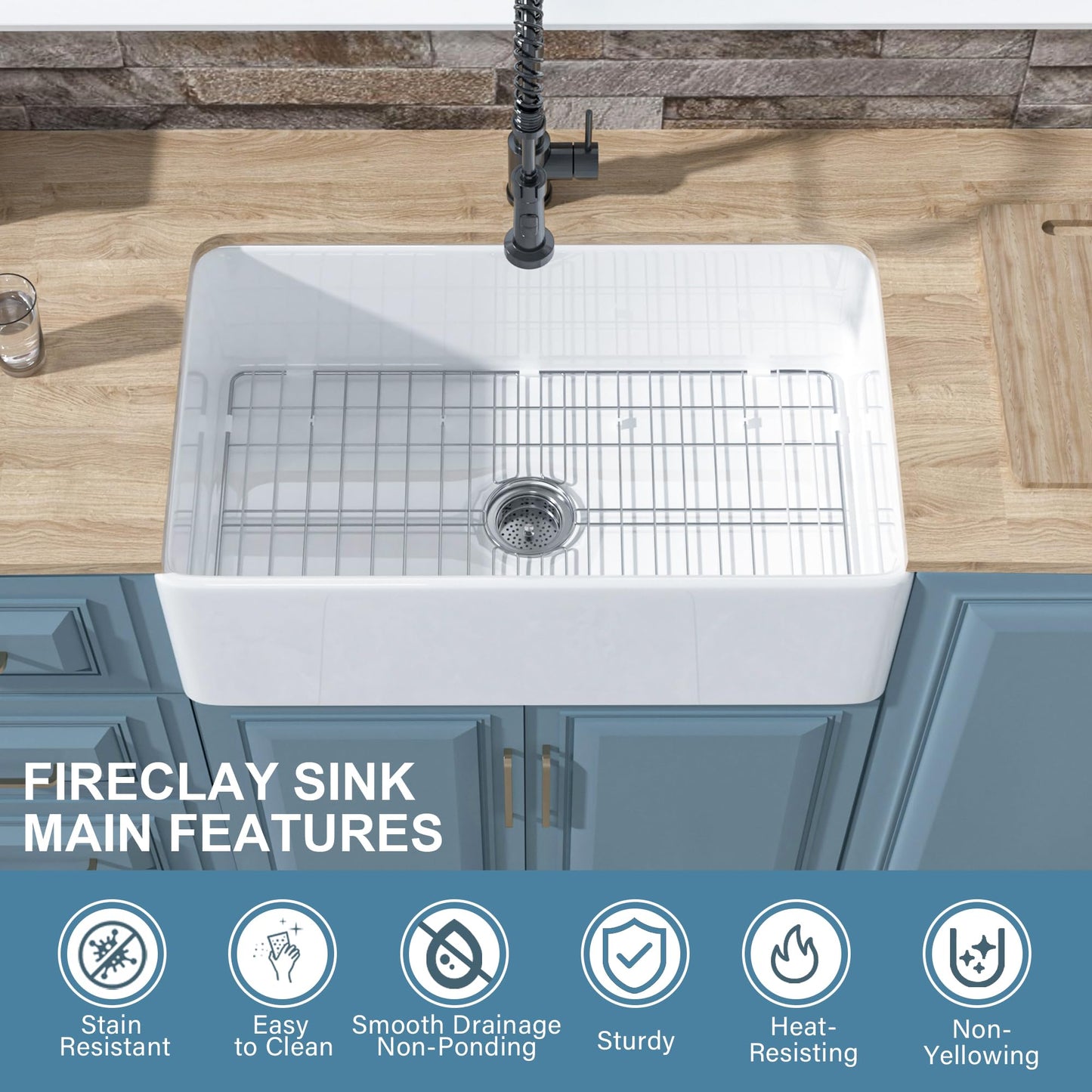 HOMLYLINK White Farmhouse Sink 30 x 18 Inch, Firecaly Apron Front Undermount Farm Kitchen Sink Single Bowl, with Custom Accessories 2 Types, for Kitchen, Laundry, Small Space