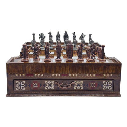 Luxury Handmade Wooden Chess Set with Metal Pieces – Large Walnut & Rosewood Chess Board with Storage Drawers – British Style Chess Pieces for Father’s Day, Birthday, or Christmas