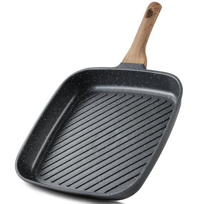 CAROTE 11 Inch Nonstick Grill Pan for Steak - Premium Granite Nonstick Coating, Square Grill Skillet, Indoor Outdoor RV Camping Use, Gas & Induction Safe, All Stovetops Compatible, PFOA Free, Black