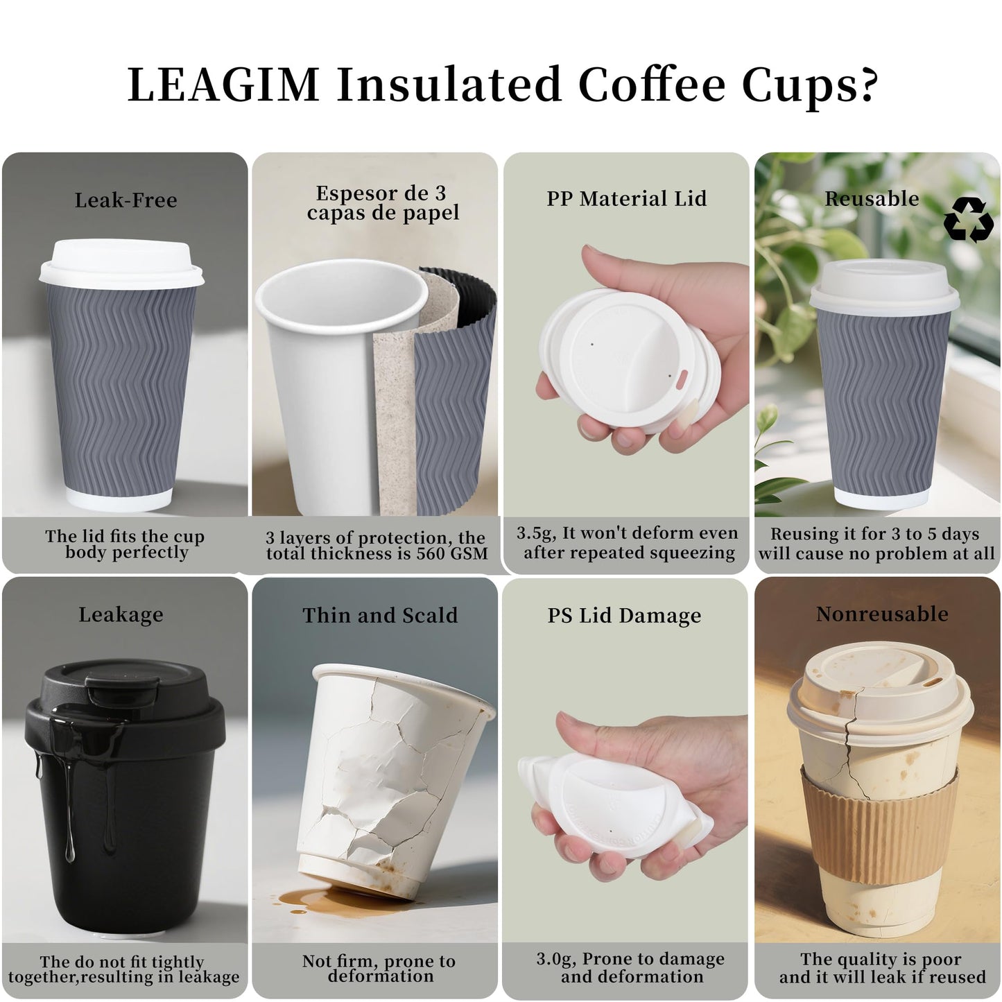 LEAGIM 100 Set - 16 oz Coffee Cups with Lids, Disposable Insulated Corrugated Paper Cups, Double Wall Ripple To Go Cups for Hot Drinks, Chocolate, Cocoa (Grey)