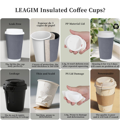 LEAGIM 100 Set - 16 oz Coffee Cups with Lids, Disposable Insulated Corrugated Paper Cups, Double Wall Ripple To Go Cups for Hot Drinks, Chocolate, Cocoa (Grey)