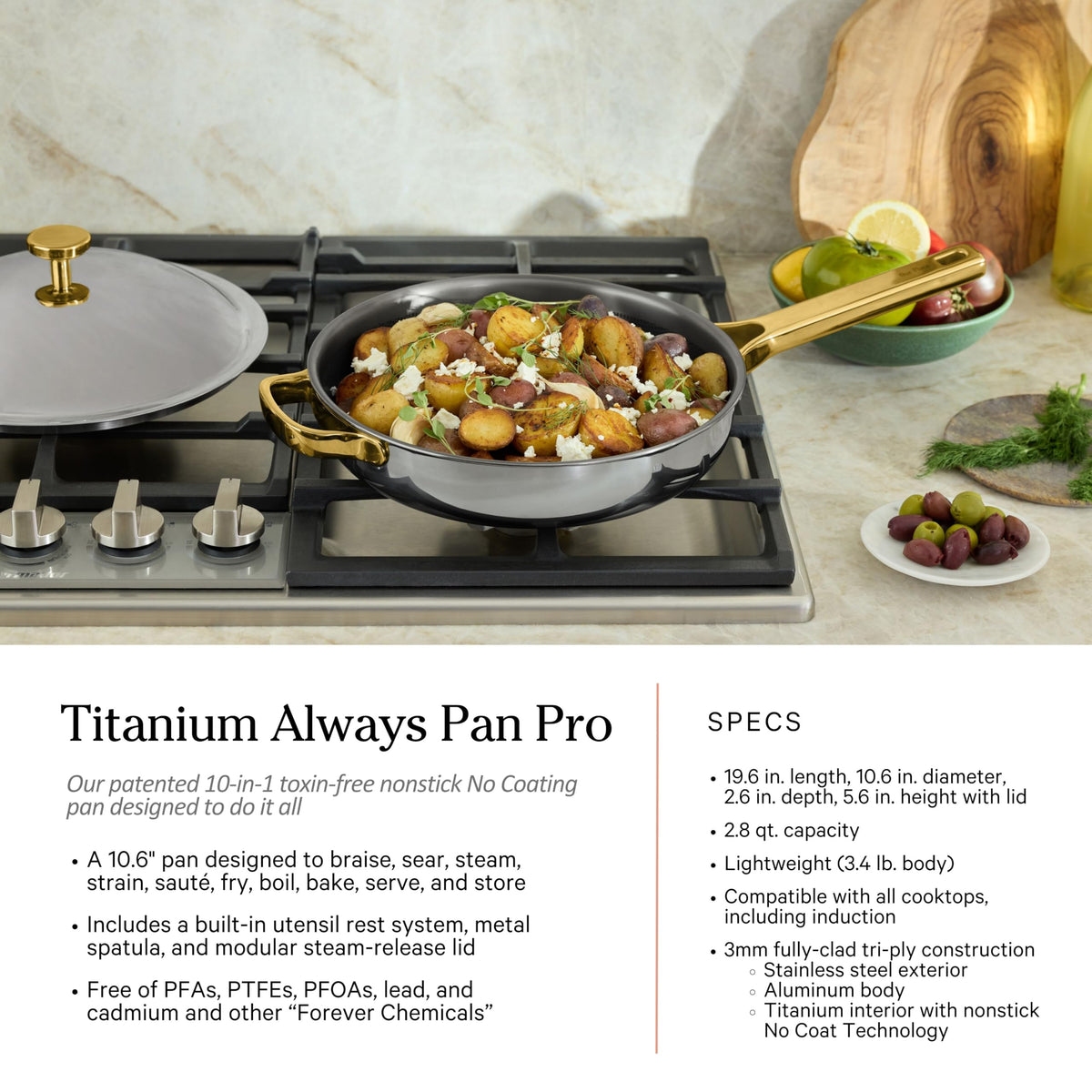 Our Place Titanium Pro Cookware Set | 10-Piece Pots and Pans Set with Always Pan Pro, Perfect Pot Pro & Minis | Non-Toxic No-Coating Nonstick | Induction & Oven-Safe up to 750°F | Gold