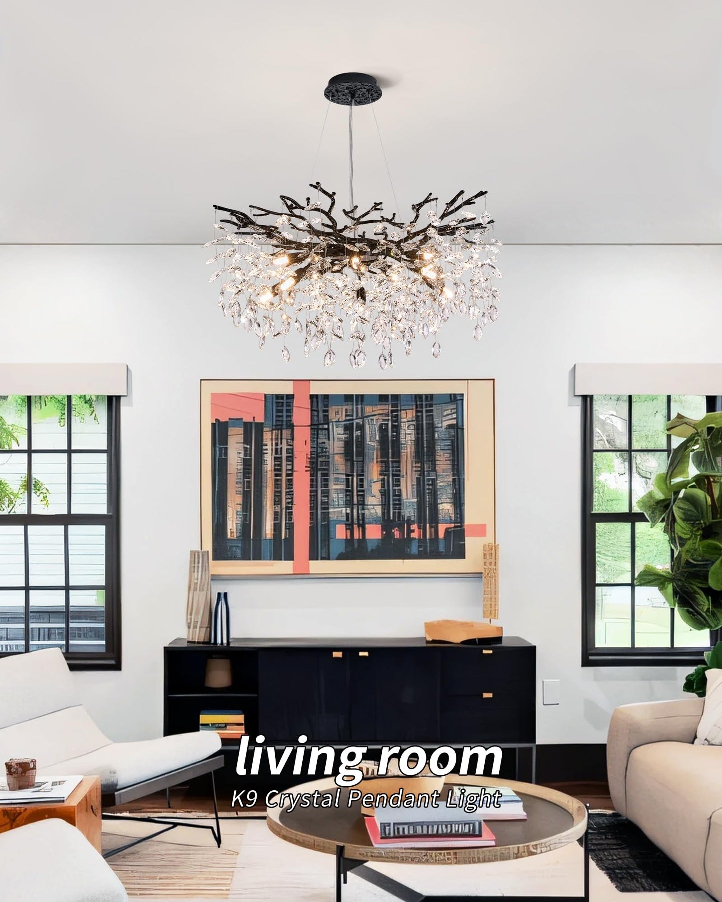 witkey Modern Tree Branch Crystal Chandelier Luxury Black Crystal Pendant Lighting 30" Contemporary 10-Light Chandeliers for Dining Room Kitchen Bedroom Living Room