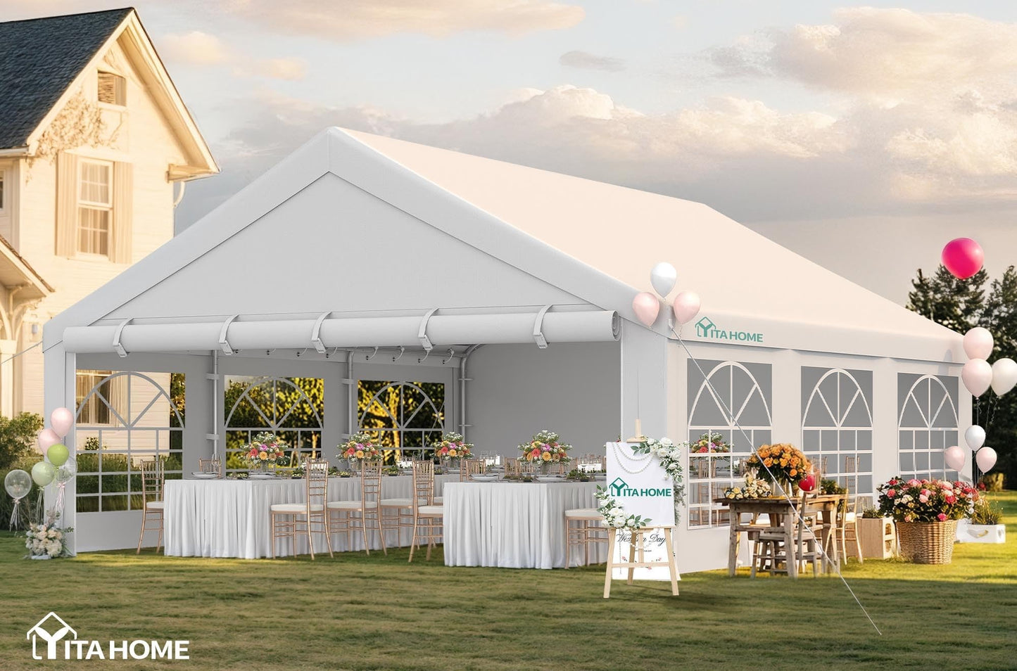 YITAHOME 20x20 ft Party Tent Heavy Duty Wedding Event Shelters Outdoor Upgraded Galvanized Canopy with Large White Roof, Removable PVC Sidewalls & 2 Storage Bags