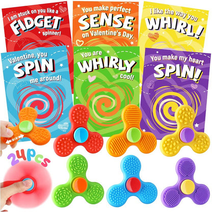 24 PCs Valentines Day Cards with Fidget Spinner for Kids Classroom, Textured Sensory Fidget Toys with Valentine Cards, Kids School Classroom Exchange Prizes Gifts Rewards Stress Relief Party Favors