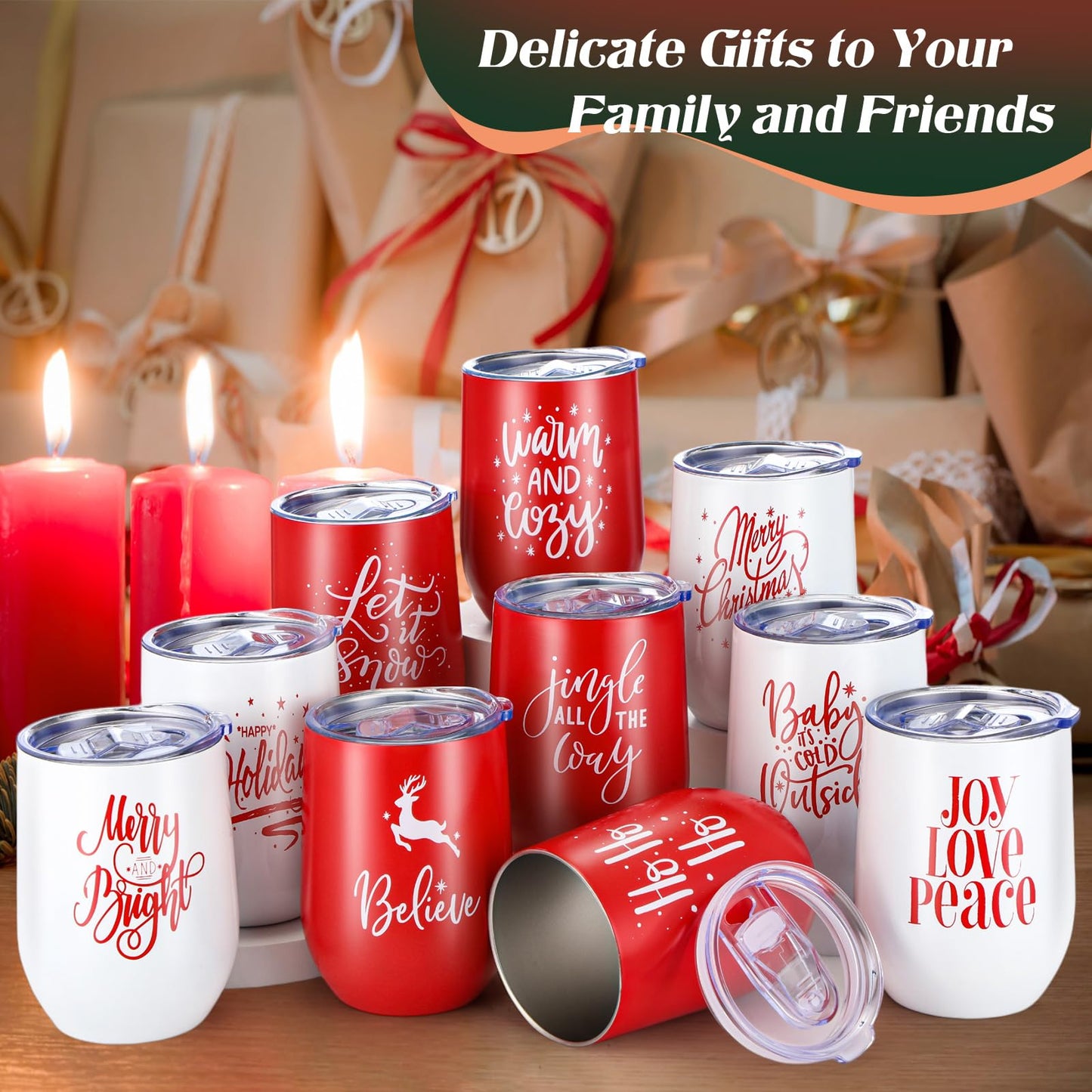 Uiifan 10 Pack Christmas Tumblers Gifts 12 Oz Xmas Funny Tumbler Christmas Stainless Steel Coffee Mugs Set Xmas Insulated Travel Cup with Straw Lid for Family Xmased Holiday Gift (Red White)