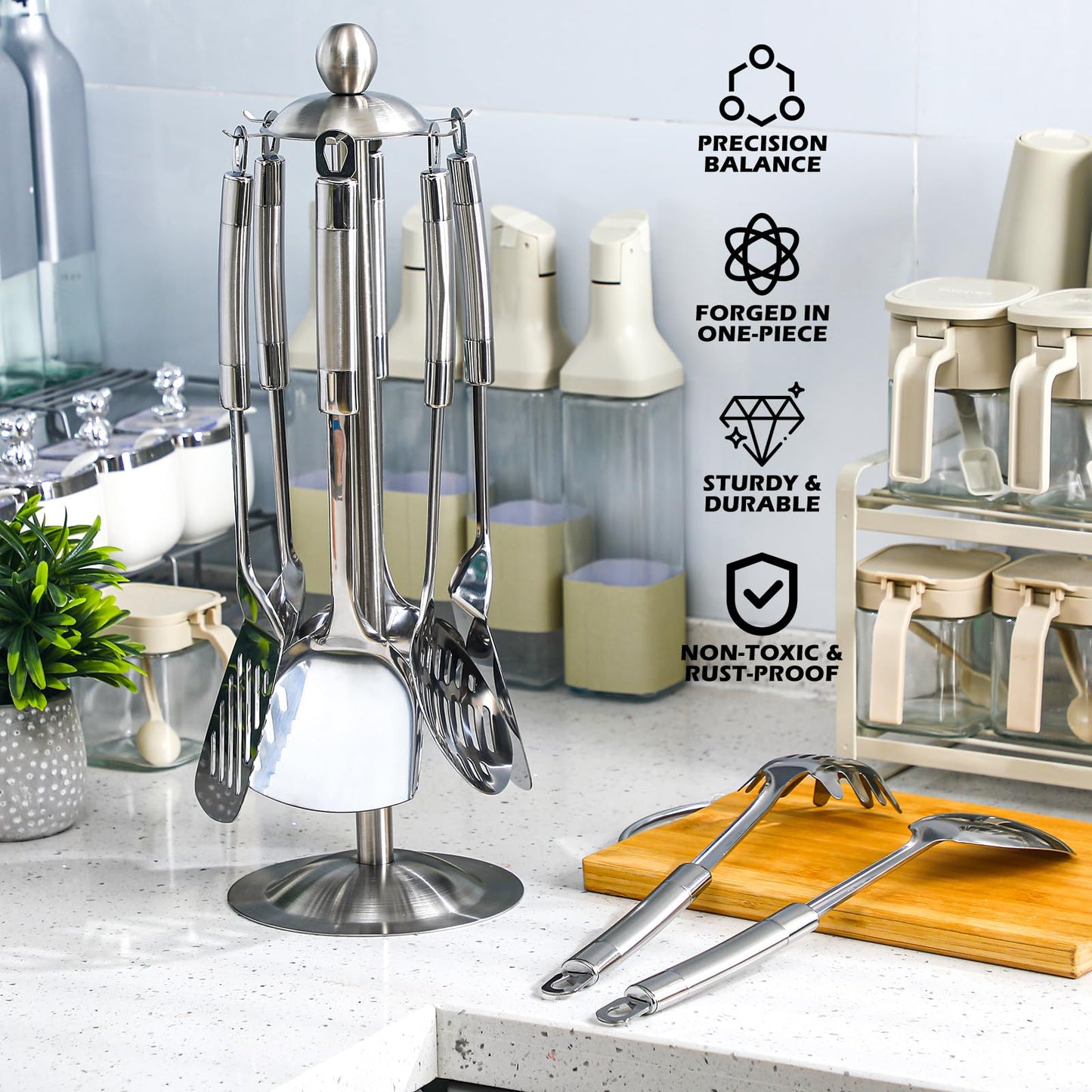LemonRoad 9 Pcs 18/0 Stainless Steel Cooking Utensils Set Metal Kitchen Utensil Set with Holder, Dishwasher Safe, Adult Home Cooking Housewarming Daily Use