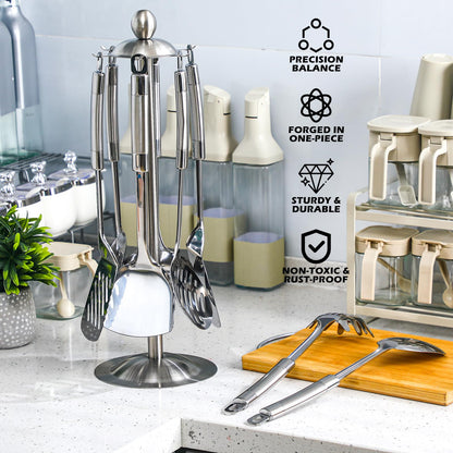 LemonRoad 9 Pcs 18/0 Stainless Steel Cooking Utensils Set Metal Kitchen Utensil Set with Holder, Dishwasher Safe, Adult Home Cooking Housewarming Daily Use