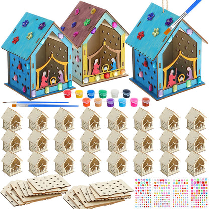 DoubleFill 24 Pcs Christmas Nativity Painting Craft Kits for Kids Make Your Own Religious Jesus House DIY Coloring Wooden Christian Nativity Craft for Classroom Art Sunday School