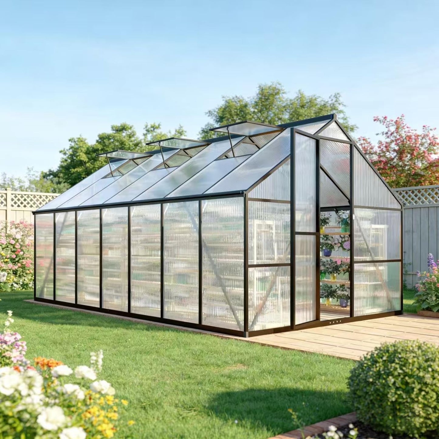 8 x 14 FT Greenhouse for Outdoors, Polycarbonate Greenhouse with Quick Setup Structure and Roof Vent, Aluminum Large Walk-in Green House for Outside Garden Backyard, Dark Gray