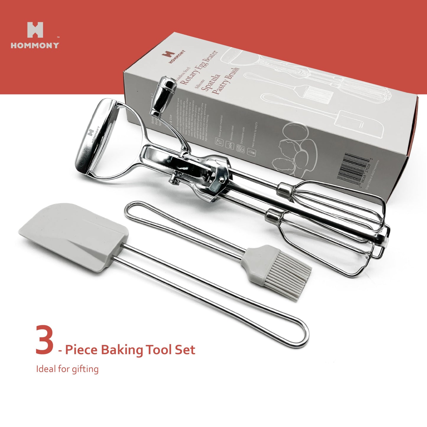 Hommony Rotary Egg Beater 12", Stainless Steel Baking Set with Silicone Spatula and Basting Pastry Brush