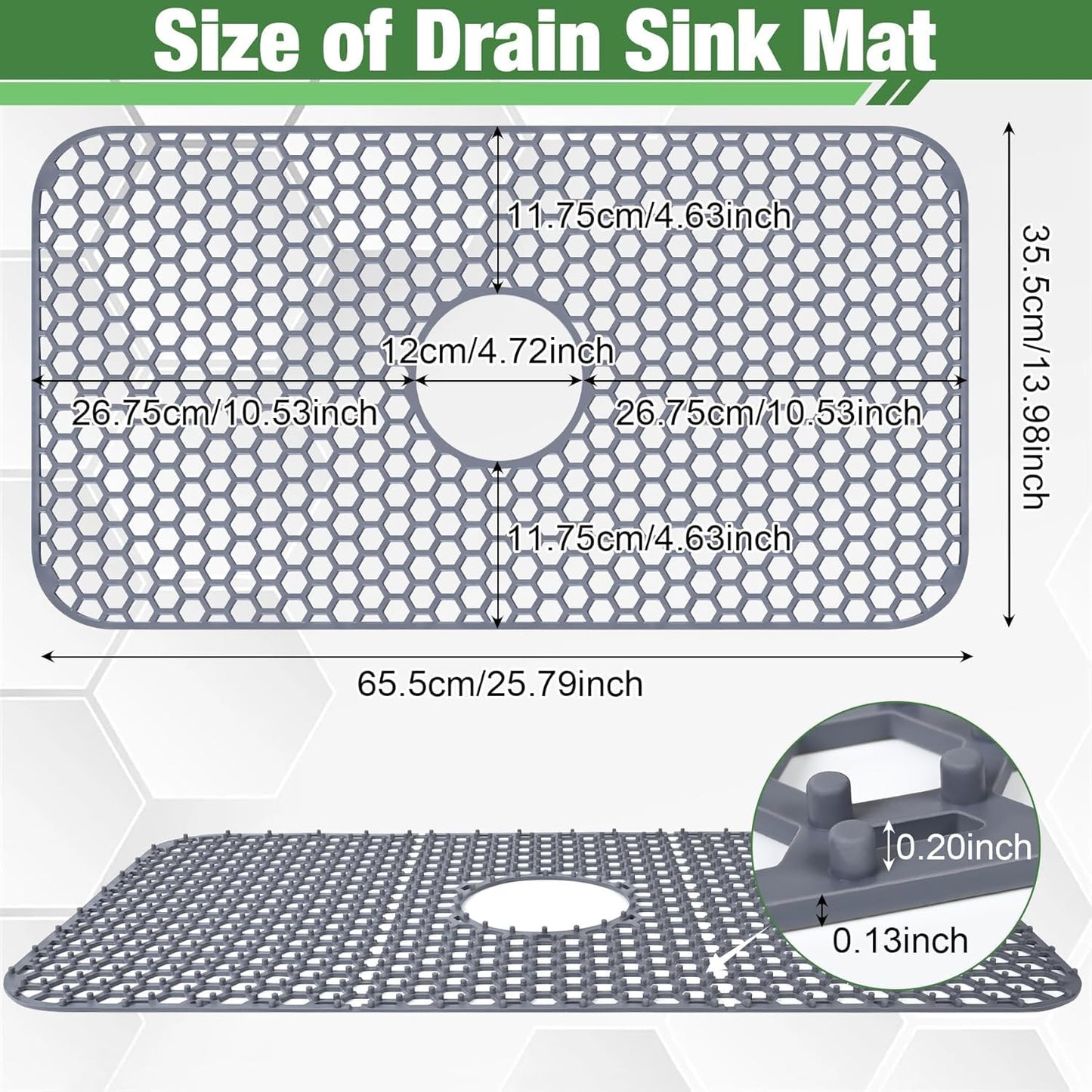 Sink Protectors Mat - 25.79"x13.98" Kitchen Sink Pad for Bottom of Basin for Protection of Stainless Steel and Tableware, Farmhouse Rubber Basin Mat Protector with Center Drain - Light Gray