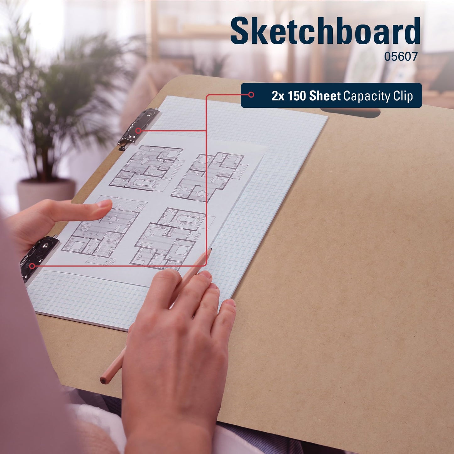 Saunders Recycled Hardboard Sketchboard 23x26 Made in USA, Artist Drawing Board with Handle, 2 Side Clips & Rubber Band, Large Masonite Field Clipboard for Life Drawing & Plein Air