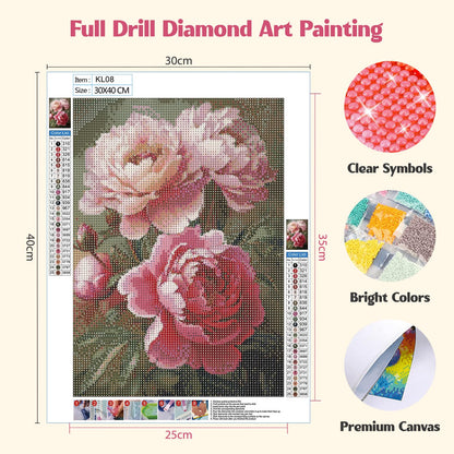 MISCER Flowers Diamond Art Kits for Adults, Peony Diamond Painting Kits for Beginners, 5D Full Drill Round Paint with Diamonds Pictures, Gem Art Painting DIY Crafts Kit Decor 12x16inch