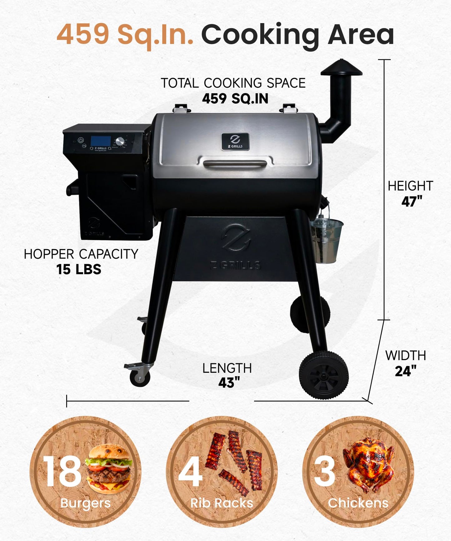Z GRILLS 450E Pellet Smoker Grill, Upgrade PID 3.0 Temperature Control (180-450°F), 459 SQ.IN Cooking Area, 8 in 1 BBQ Grill,Hopper Cleanout, Meat Probe, Rain Cover, for Backyard Camping