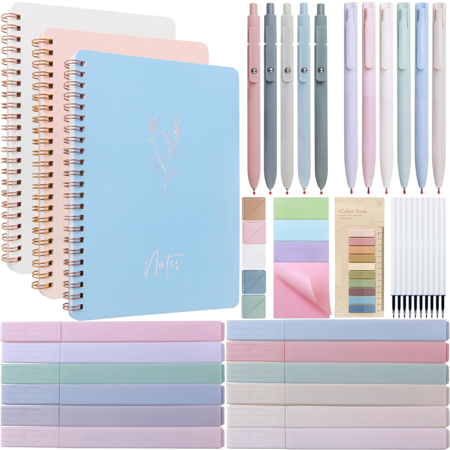 Tuhangcc 47PCS Spiral Notebook Stationary Set for Women,Bible Journal Set, 3PCS Unique A5 Spiral Notebooks 12 Highlighters, Sticky Notes & Bookmark Tabs 5 Gel Pen for Work Office Supplies (Blue)