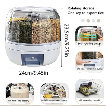 Wnnideo Rotating Grain Storage Bin 6 Grids Rice Container One-Click Output Large Capacity Food Dispenser For Rice Grains Sealed Moisture Proof Organizer (Small)