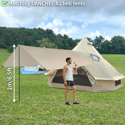 DANCHEL OUTDOOR B2 Portable Yurt with Sun Shelter for All Year Living, 4 Season Bell Tent 4 Person Family Camping Glamping Party 300D Oxford Khaki,4m/13ft