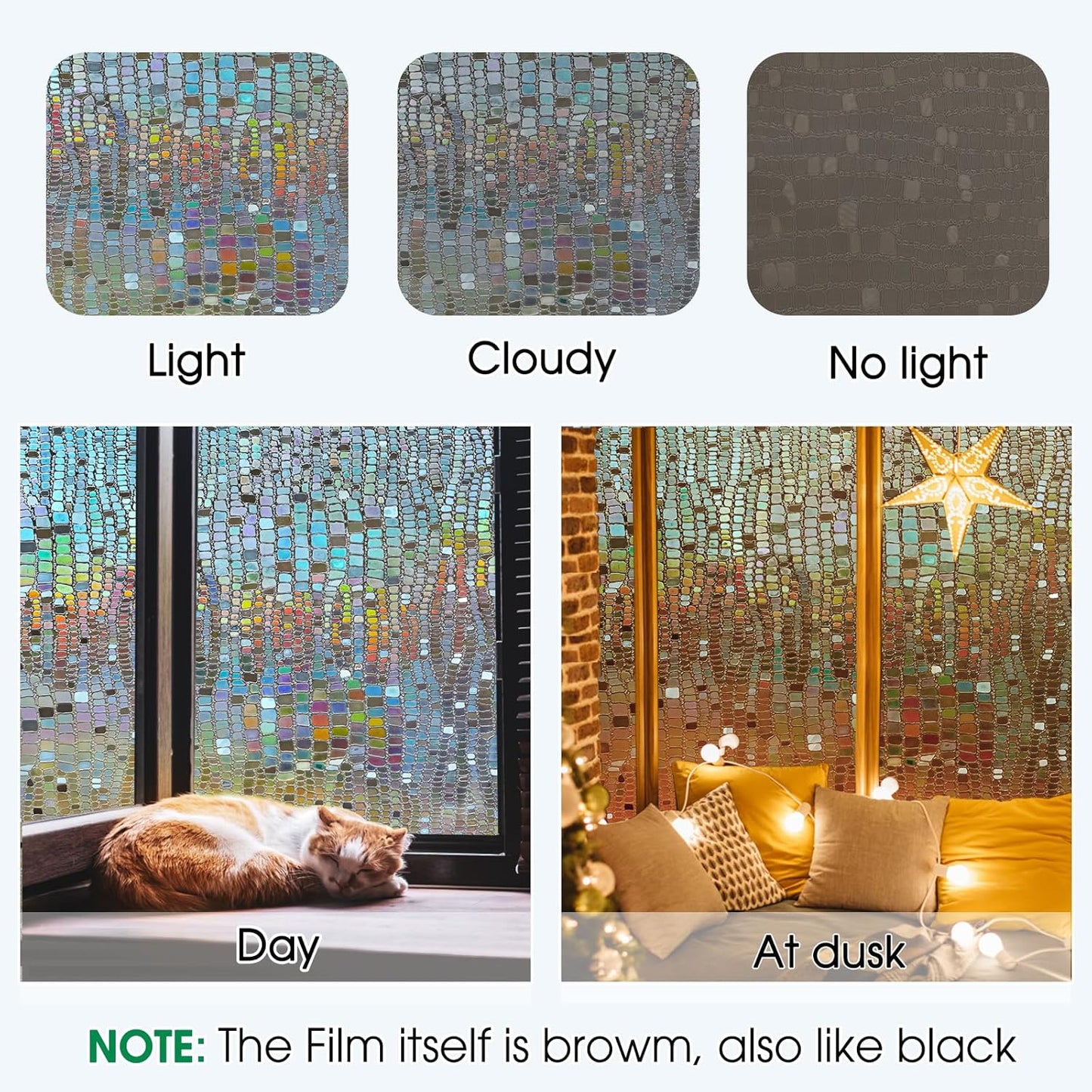 Beautysaid 3D Rainbow Prism Window Clings - Stained Glass Privacy Film, Heat Blocking, 17.5x78.7in (Brown)
