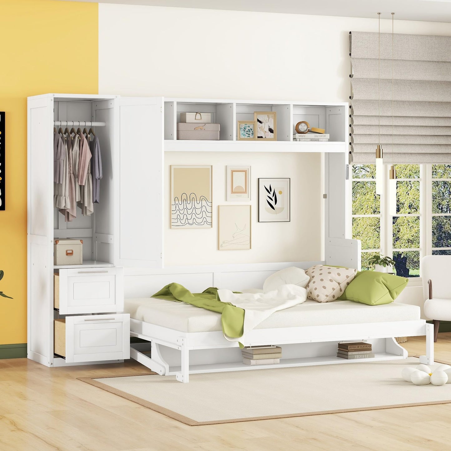 Ball & Cast Murphy Bed Queen Size Wall Beds with Closet and Storage Drawers,Wood Hideaway Platform Bedframe w/Lock,can be Folded,Easy Assembly,for Kids Bedroom,Student Dorms,White