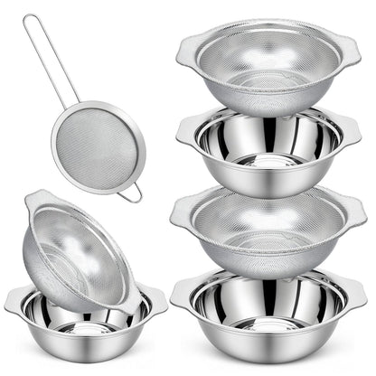7Pcs Stainless Steel Colander Set, Rice Strainer with Mixing Bowl, 3/4/5QT Large Capacity Microporous Colander with Handle, Mesh Strainer for Washing and Draining Vegetables, Fruit, Dishwasher Safe