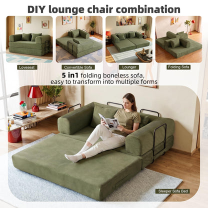 THOLASIS 59in Convertible Sofa Bed, Corduroy Boneless Couch Bed, Futon Sleeper Sofa Pull Out Bed, Foldable Couch for Living Room Apartment, No Assembly Required