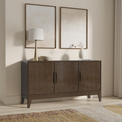 SIMPLIHOME Harper Buffet - 60 inch Wide Solid Wood 3-Door Sideboard Buffet in Walnut Brown, Mid-Century Modern Cabinet for Dining Room or Kitchen with Adjustable Shelves and Tapered Legs