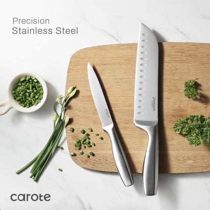 12-Piece Set, Set, CAROTE Knife All-Stainless Steel Knife Block Kitchen Knives with Wooden Block, Razor-Sharp