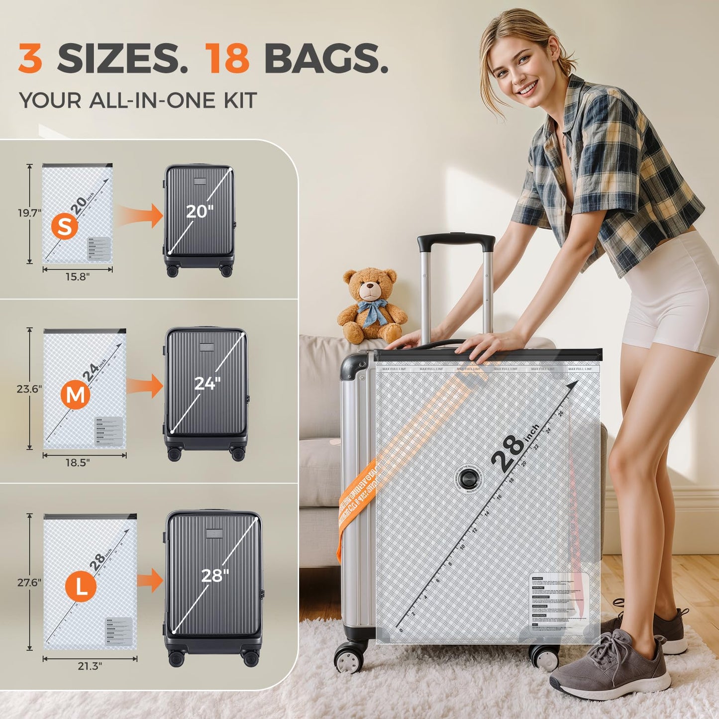 Nicetree 18-Pack Vacuum Seal Bags with Rechargeable Wireless Pump | 3 Sizes (20/24/28 Inch) Travel Vacuum Storage Bags for Clothing, Bedding & Seasonal Storage | Space Saver for Luggage