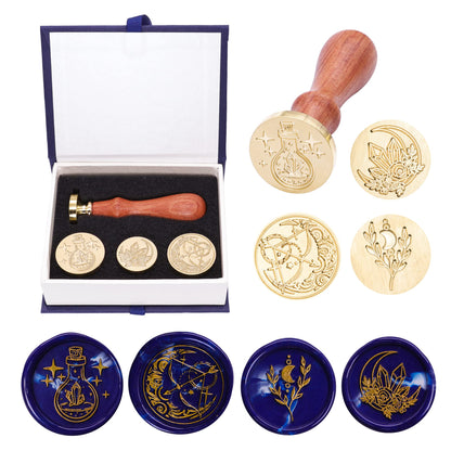 SWANGSA Wax Seal Stamp Set, Vintage 4 Pieces Magic Bottle, Moon Flower Plant Sealing Wax Stamp Heads + 1 Wooden Handle Sealing Stamp Kit