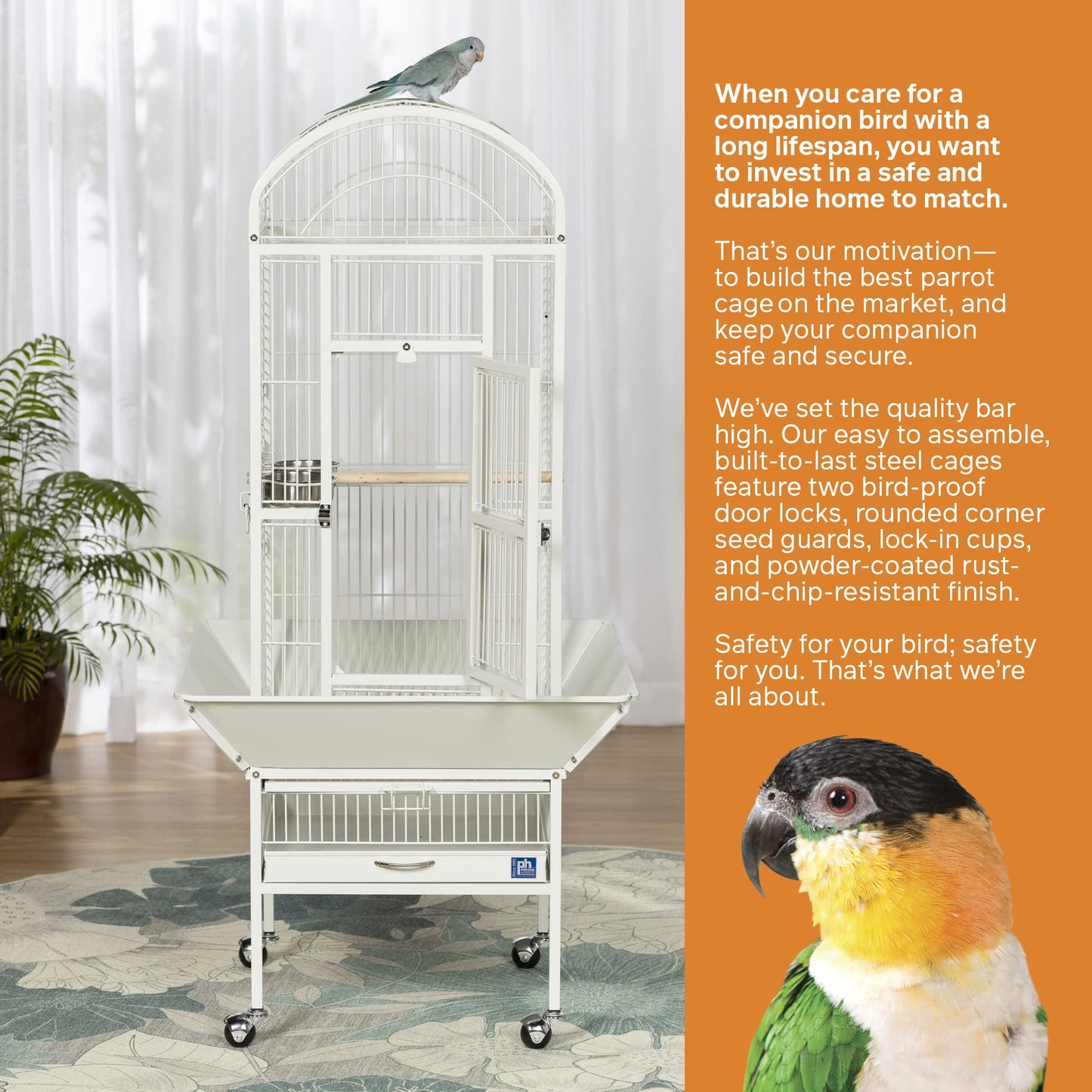 Prevue Pet Products Dome Top Bird Cage - Powder‑Coated Steel Cage with Wheels, Push Button Locks, Seed Guards and Perch, Ideal for Cockatiels, and All Small-Medium Sized Birds - Chalk White