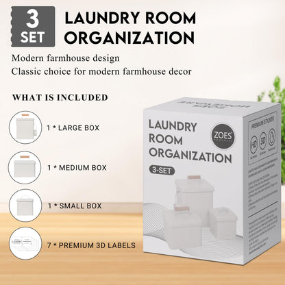 ZOES HOMEWARE 3-Set Laundry Room Organization and Storage | Modern Farmhouse Laundry Room Decor | Laundry Container for Organizing Laundry Pods, Laundry Powder, Dryer Sheets, Dryer Balls, Cream White