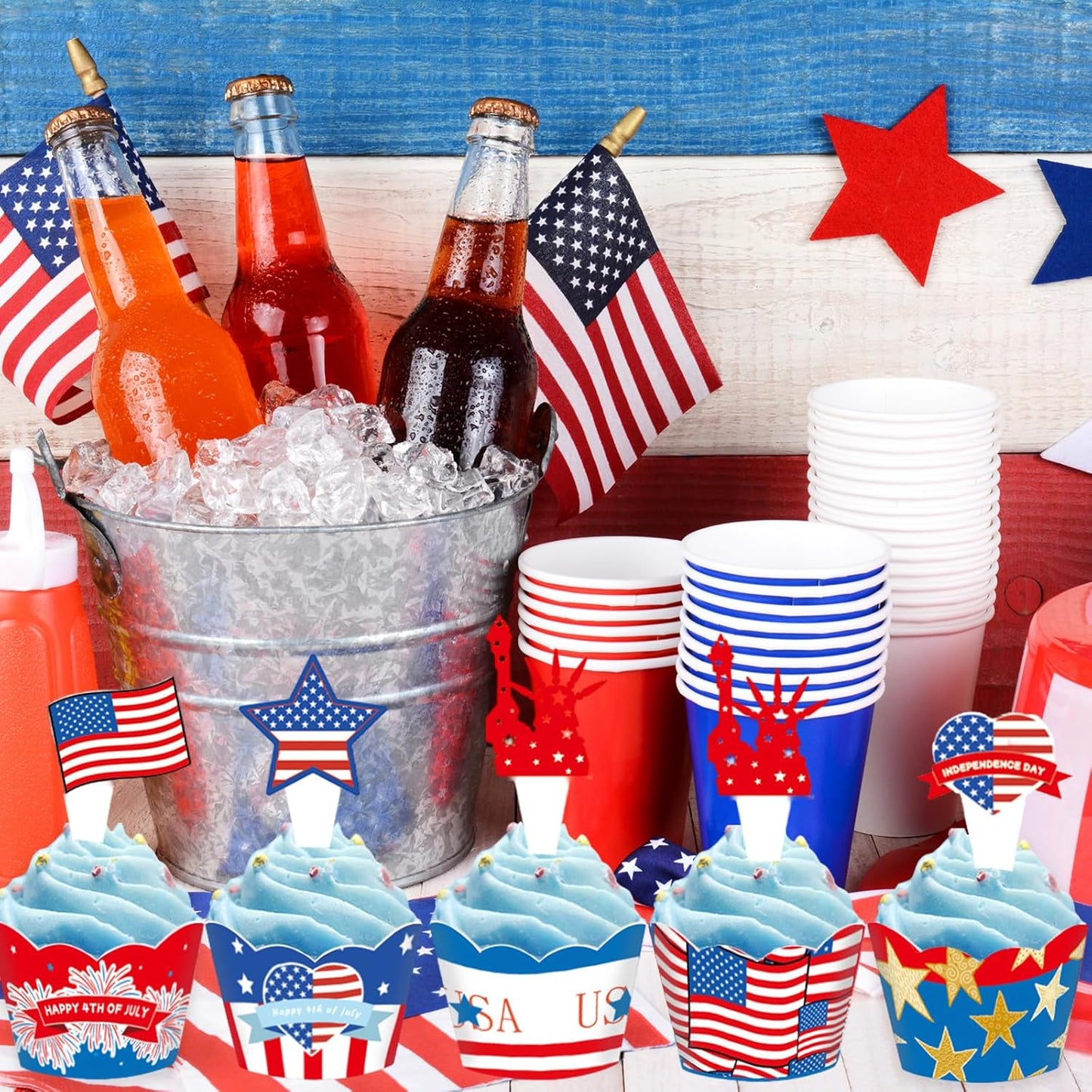 24 PCS 4th of July Cupcake Toppers, USA Patriotic Cupcake Liners for Cake Decoration Supplies