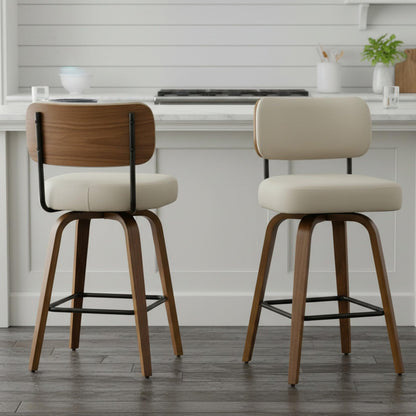 Arvasslia Swivel Bar Stools Set of 3, 26" Upholstered Counter Height Bar Stools with Back and Walnut Wood Legs, Faux Leather Barstools for Kitchen Counter, Beige Gray