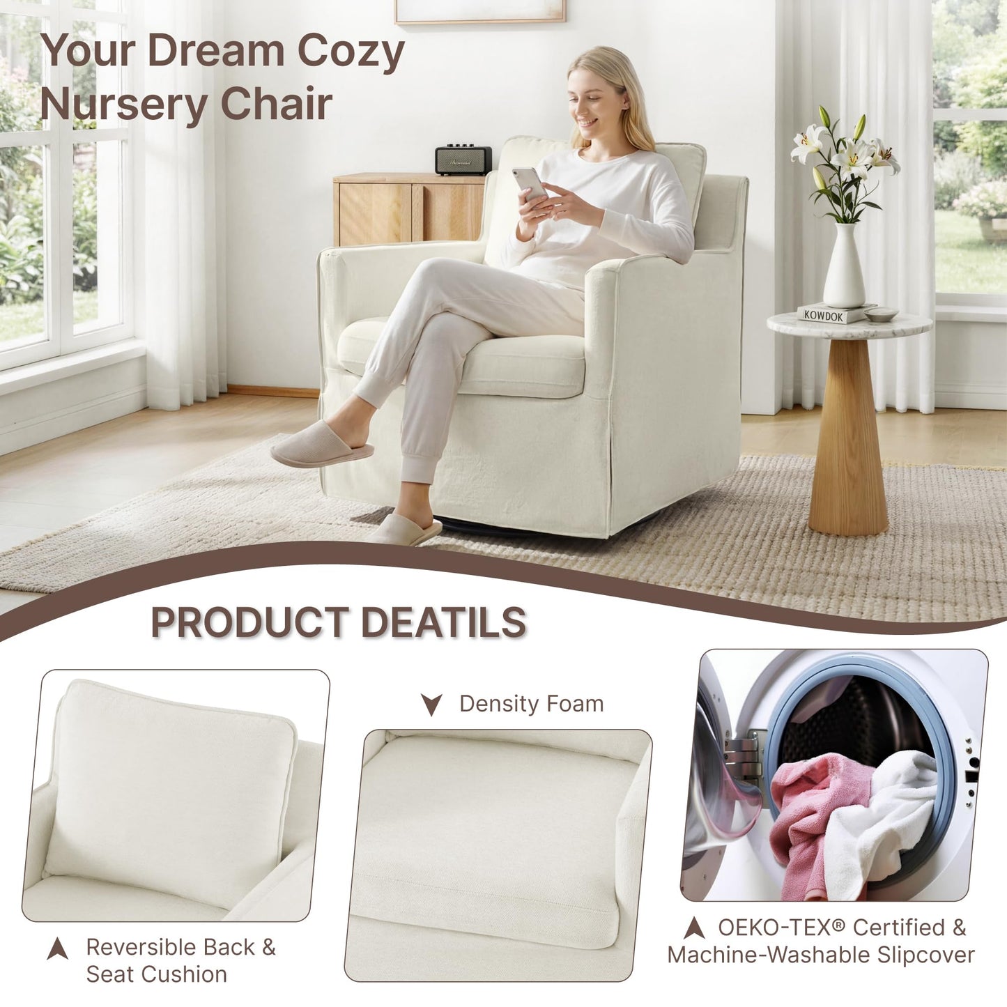 KISLOT Swivel Accent Chair Rocking Recliner 360 Degree Swivel Armchair Machine-Washable Cover for Nursery Living Room Bedroom