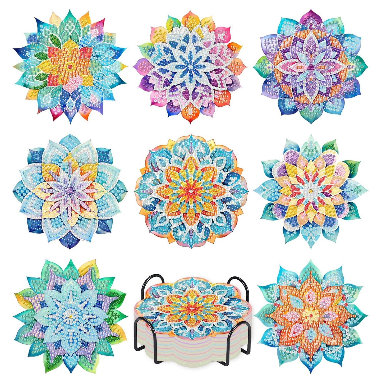8 PCS Succulent Diamond Art Coasters with Holder, DIY Flowers Diamond Painting Coasters Kits for Adults, Non Slip Hardwood Bases Plants Mosaic Dot Painting Coaster Gift Set for Beginners 4x4 Inch