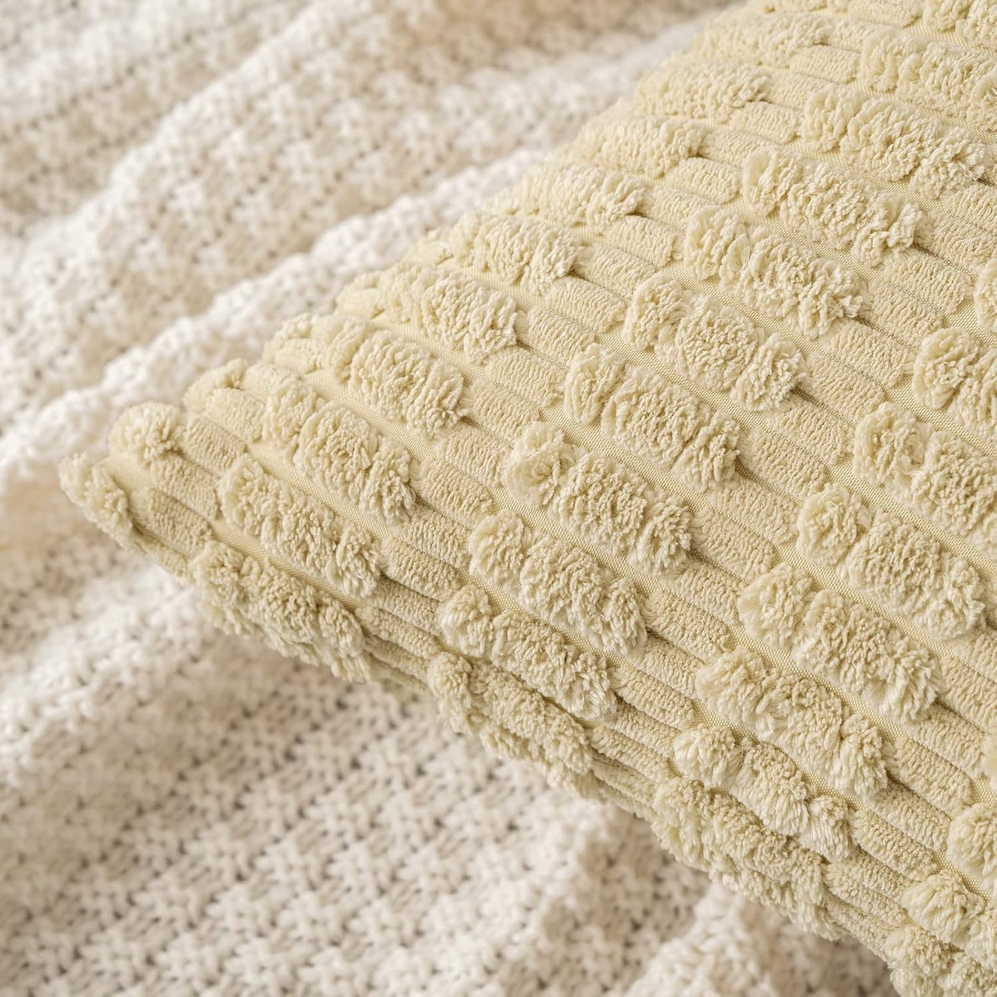 MIULEE Euro Sham Pillow Covers - Soft Boho Striped Corduroy | 24x24 Inch Beige Decorative Covers for Sofa & Bed