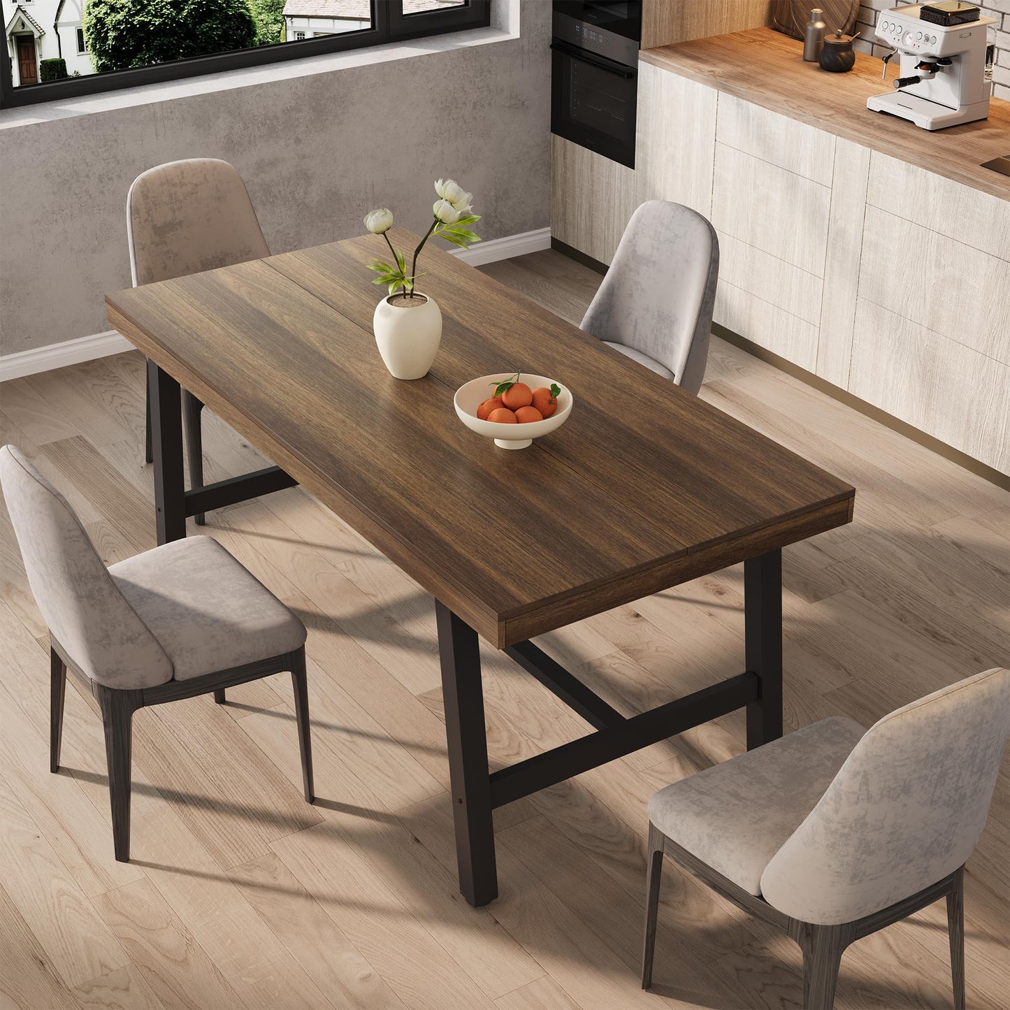 GarveeHome Industrial Dining Table for 4-6 People, 63 in Long Wooden Kitchen Table with Sturdy Metal Frame & Rustic Finish - Seats 4 Rectangular Counter for Dinner, Kitchen, Dining Room - Retro Brown