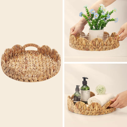 14 inch Yangqihome Round Scalloped Serving Tray, Decorative Water Hyacinth Scalloped Basket with Built-in Handles