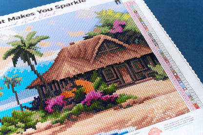 DIAMOND ART CLUB Beach Bungalow Diamond Painting Kit, Fun DIY Crafts for Adults, Square Diamond Art Canvas, 13.3" x 9.8" (33.9 cm x 24.9 cm)