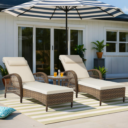 VIVIJASON 3 Pieces Outdoor Wicker Chaise Lounge Chair Set, All-Weather PE Rattan Cushioned Patio Lounger Set of 2 with Side Table, Adjustable Pool Sunbathing Recliner with Armrest & Pillow, Beige
