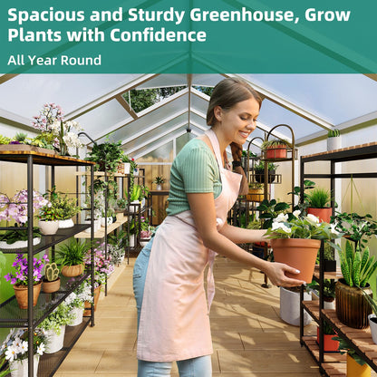 8x12 FT Greenhouse - Large Aluminum Greenhouses for Outdoors, Heavy Duty Polycarbonate Greenhouse with Roof Vent&Ground Nails, Walk-in Green Houses for Garden, Backyard, Patio, Easy Assembly