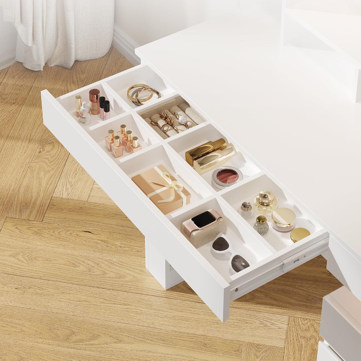 Vanity Desk Set with Mirror, Power Outlet and Lights, Makeup Table with 3 Drawers and 11 Storage Shelves, Dressing Table Stool Set with 3 Color Modes Available for Bedroom Dressing Room