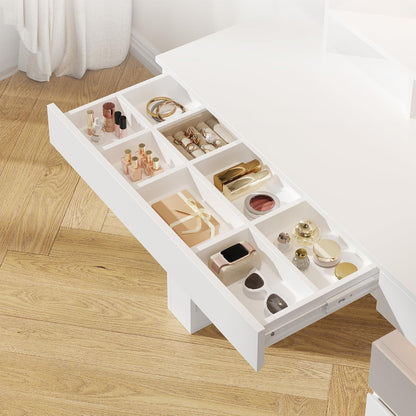 Vanity Desk Set with Mirror, Power Outlet and Lights, Makeup Table with 3 Drawers and 11 Storage Shelves, Dressing Table Stool Set with 3 Color Modes Available for Bedroom Dressing Room