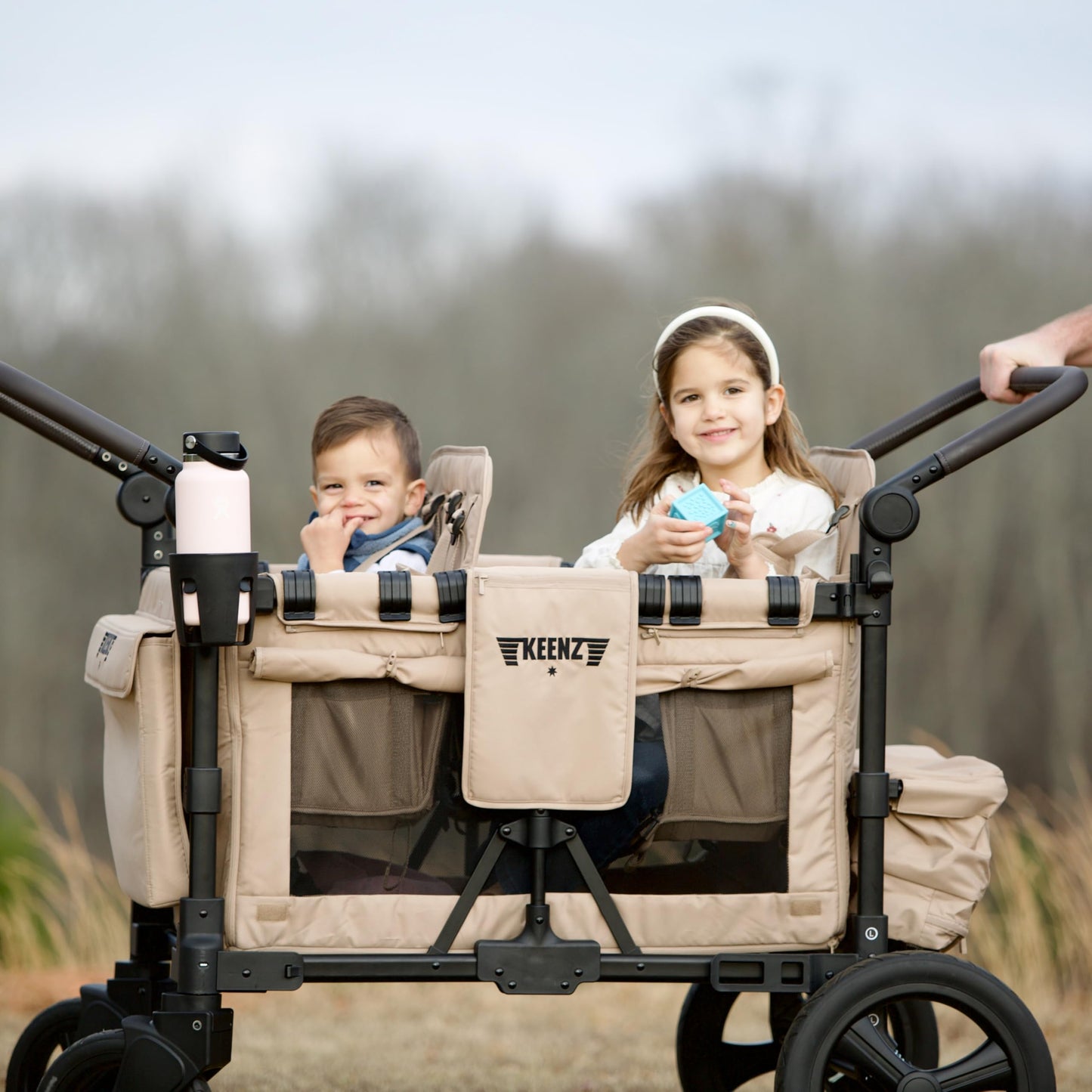 Keenz MOOV 2-Passenger All-Terrain Stroller Wagon with Reclining Seats, Cooler Bin, Push/Pull Handle, and Rubber Wheels – Foldable Wagon for Kids and Toddlers, Mocha
