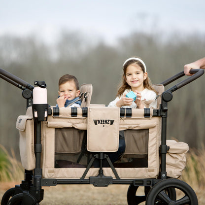 Keenz MOOV 2-Passenger All-Terrain Stroller Wagon with Reclining Seats, Cooler Bin, Push/Pull Handle, and Rubber Wheels – Foldable Wagon for Kids and Toddlers, Mocha