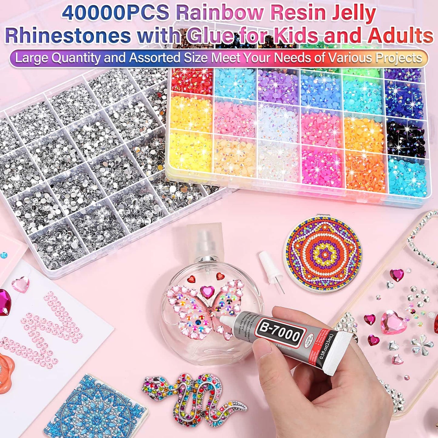 40000Pcs Resin Rhinestones with B7000 Jewelry Glue for Bedazzling Crafting, Rainbow Crystals Flat Back Gems with Craft Adhesive for DIY Graduation Cap Clothes Tumblers Shoes Nails and Face