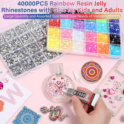 40000Pcs Resin Rhinestones with B7000 Jewelry Glue for Bedazzling Crafting, Rainbow Crystals Flat Back Gems with Craft Adhesive for DIY Graduation Cap Clothes Tumblers Shoes Nails and Face