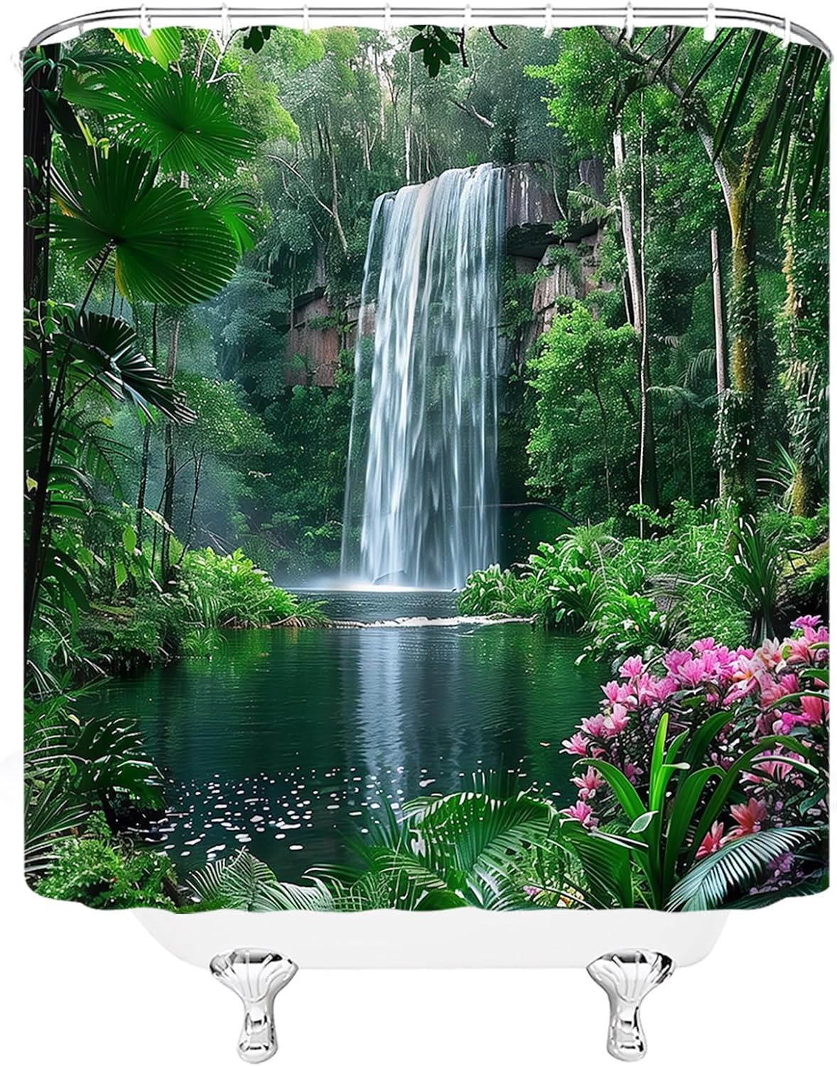 Forest Waterfall Shower Curtain, Tropical Jungle Nature Landscape Fabric Bathroom Curtains Decor Set, 70" WX70 H