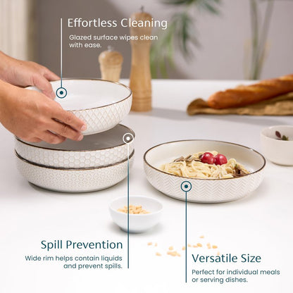 KooK Pasta Bowls, Ceramic, Embossed Serving Bowls For Stews and Salads, Large Capacity, Microwave & Dishwasher Safe, Ivory with Dark Copper Accents, Set of 4, 40 oz, Narbonne Collection